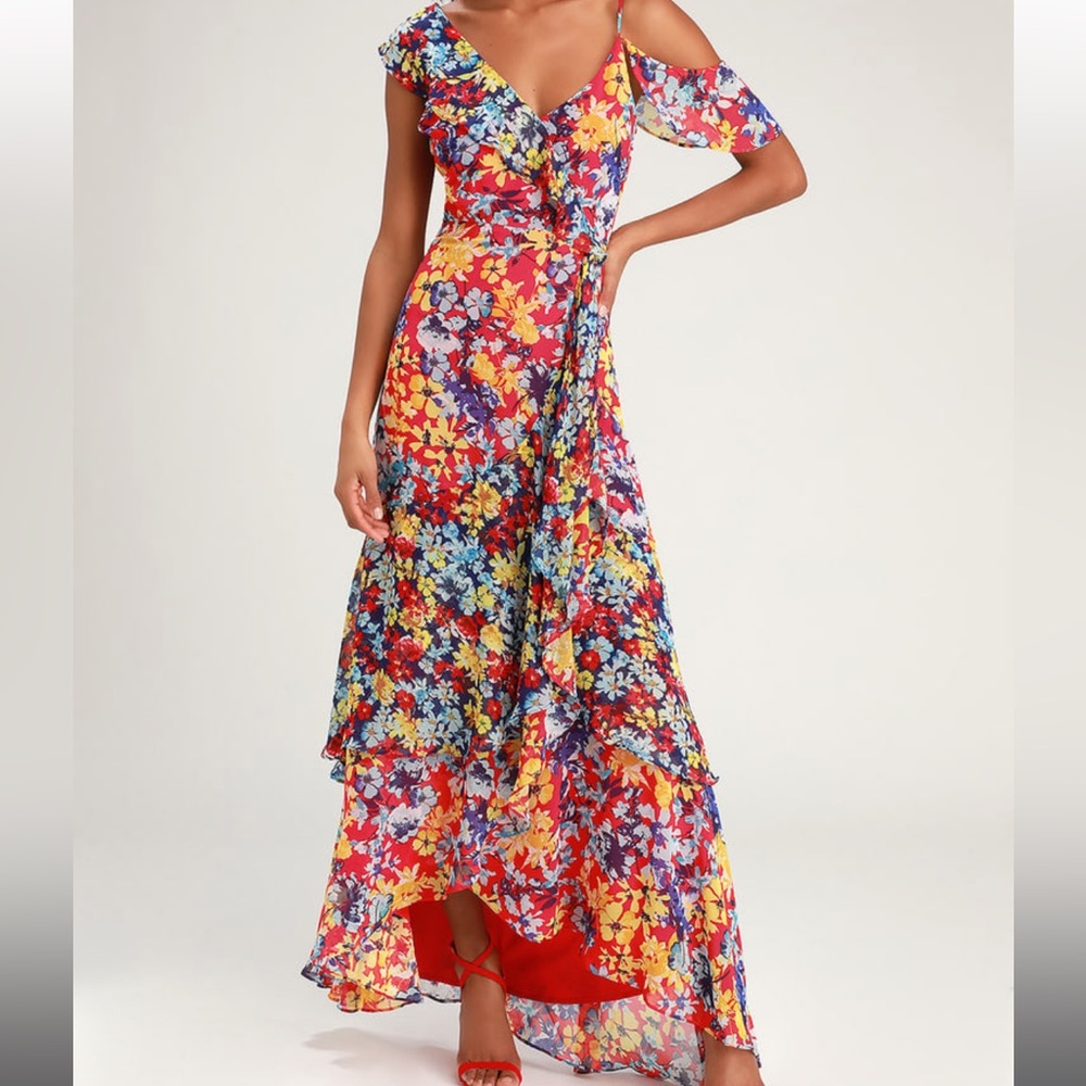 Lulus “Radiant Ruby Red Floral Print Chiffon Maxi Dress”